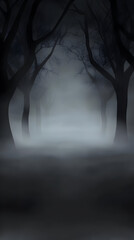 Eerie Foggy Forest Path with Silhouetted Trees and Mysterious Light.