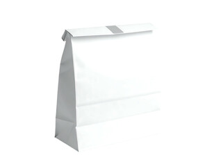 A folded, closed white paper bag stands on a black background, slight shadows, simple shape, plain
