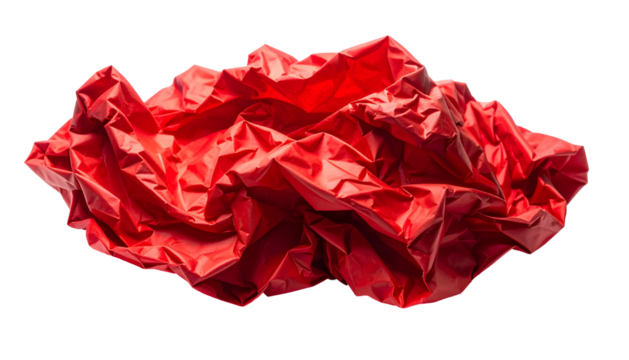 A vibrant red crumpled fabric appears floating against a stark black background