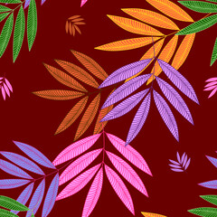 seamless pattern with stylized multi-colored leaves on a red background. For coloring fabric, wallpaper, wrapping paper and much more.
