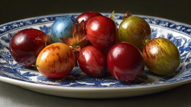 Peruvian tamarillo fruit arranged on French porcelain plate, soft light