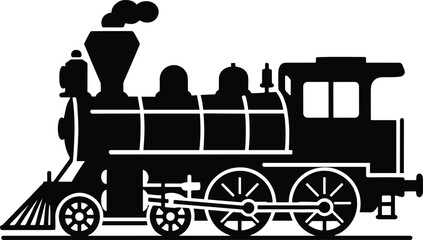vintage train locomotive with steam funnel and large front wheel silhouette
