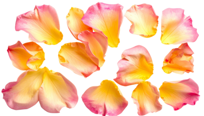 Close-up of a collection of isolated, layered rose petals in yellow and pink hues