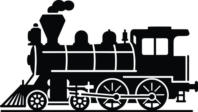 vintage train locomotive with steam funnel and large front wheel silhouette