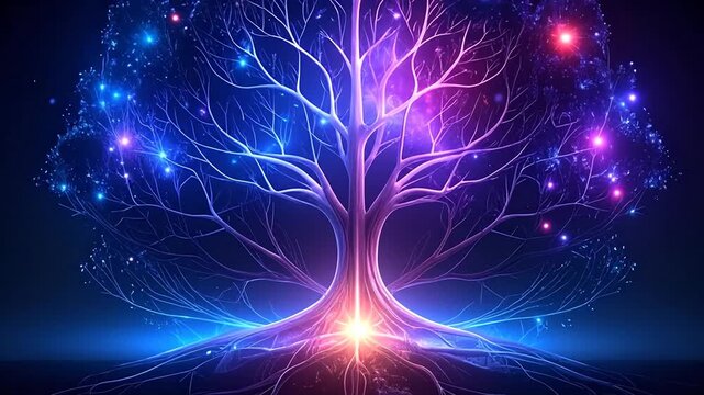 Abstract glowing tree of life with interconnected network and bright particles symbolizing knowledge and growth, digital art