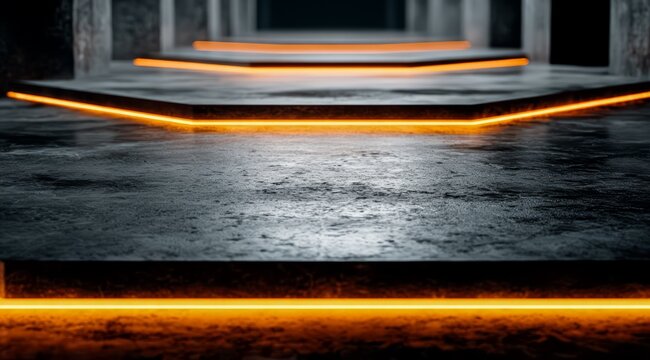 Series of orange steps lead up to a higher level. The steps are illuminated with bright lights