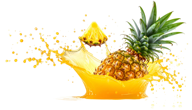 Ripe pineapple with a slice, exploding in a vibrant juice splash, isolated on black