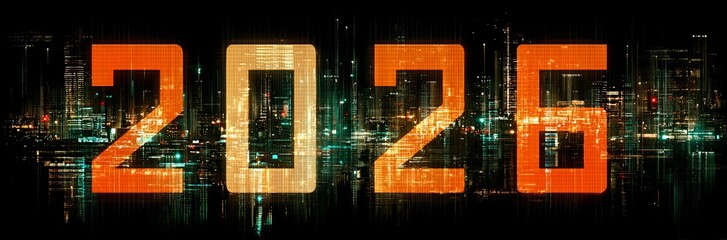 The year is 2016 and it is a cityscape with a lot of lights. The numbers are orange