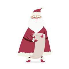 Santa Claus holding a wish list. Christmas wish list from children. Cute Christmas vector illustration in flat style. Winter holiday scene on a white background