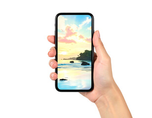 A hand holds a smartphone displaying a tranquil sunset beach scene with pastel skies and gentle waves