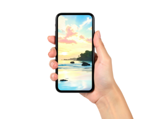 A hand holds a smartphone displaying a tranquil sunset beach scene with pastel skies and gentle waves