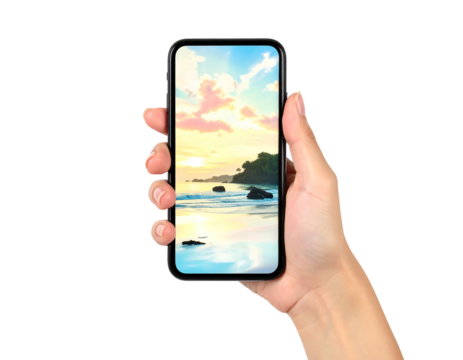 A hand holds a smartphone displaying a tranquil sunset beach scene with pastel skies and gentle waves