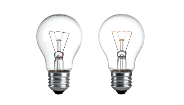 Two clear light bulbs, one off, one lit, on a black background with metallic bases