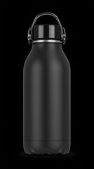 Sleek Black Insulated Water Bottle with Metal Handle on Black Background.