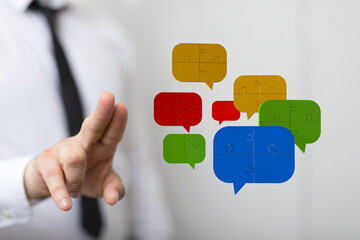 Business person touching speech bubble, communication concept. Teamwork, connection, discussion, idea, digital design.