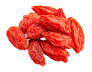 A heap of vibrant, dried red goji berries presented against a contrasting black background