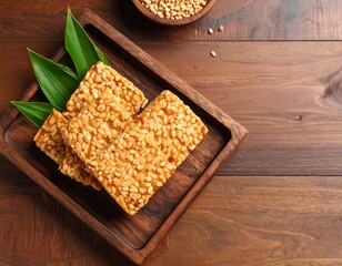 Crispy rice cakes on a wooden tray