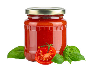 A jar of vibrant red sauce sits with fresh basil and a tomato slice against a black background