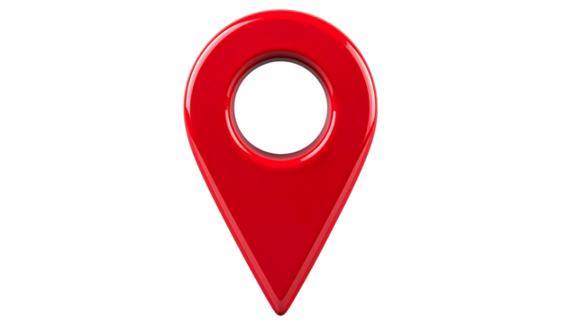 A shiny, red location marker floats against a black background, 3D rendered with soft shadows