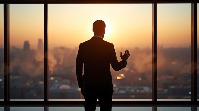 Silhouette of a businessman looking out a large window at a cityscape during a bright sunset scene