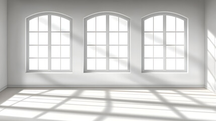 Sunlight streaming through arched windows casting geometric shadows on a white room floor.