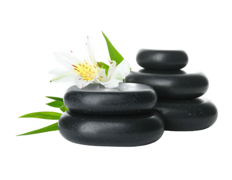 Smooth black stones stacked atop each other with a white flower and green leaves, serene, against a solid black backdrop