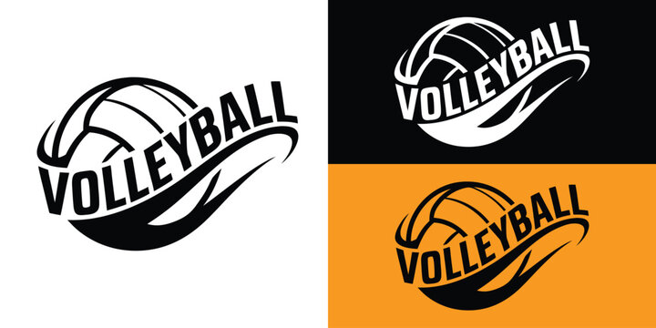 Monochromatic Vector Logo Illustration of a Volleyball with a Dynamic Curved Banner Text "VOLLEYBALL" Overlaid Isolated on a Clean White Background