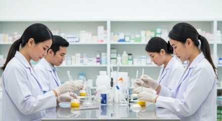 Laboratory researchers conducting experiments in pharmacy clean room environment