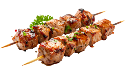 Close-up of grilled, skewered meat cubes with herbs on a transparent background