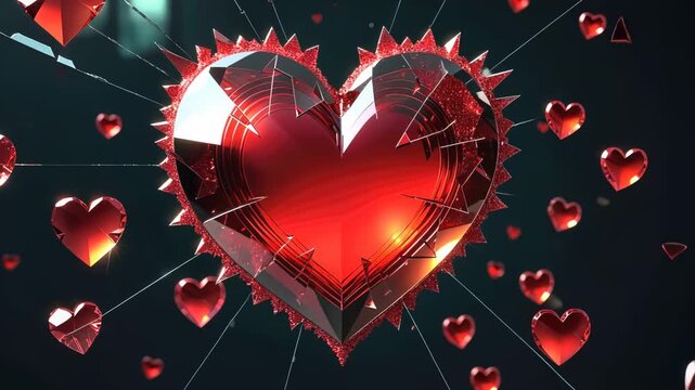 Shattered heart transformation: vibrant red crystal fragments in dynamic motion