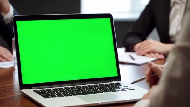 Business Meeting with Laptop Computer Green Screen Chroma Key on Conference Table, Professional Team Discussion, Corporate Presentation Mock-up Ads Template