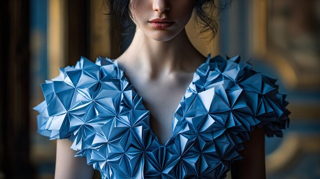 French haute couture dress styled with Japanese origami-inspired folds
