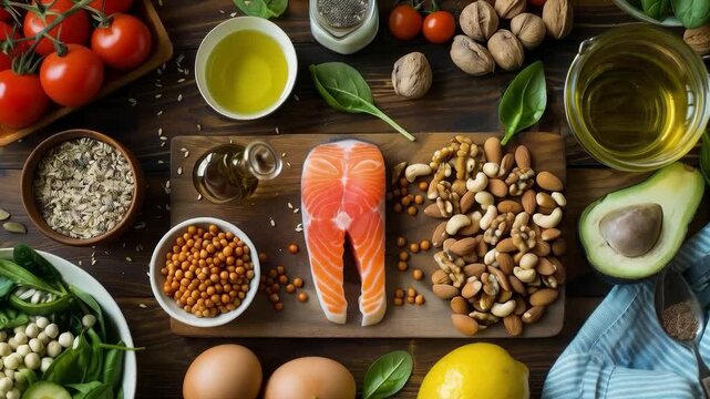 A variety of healthy foods: fish, nuts, vegetables, fruits, and spices on a wooden table. Useful for articles on proper nutrition, cooking blogs, healthy lifestyle advertising, and recipes.
