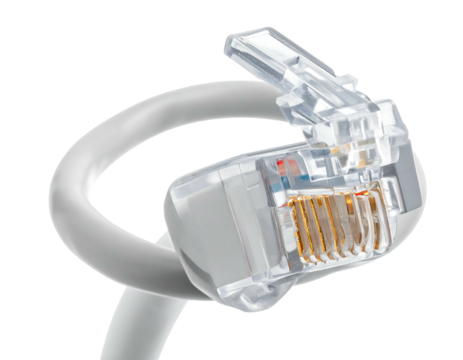 Close up of a white ethernet cable with a clear plastic connector on a black backdrop