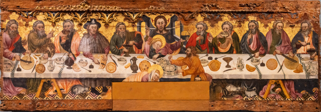 Holy Supper, tempera painting, altarpiece of Santa Constanza de Linya, 15th century, attributed to Jaume Ferrer I, Diocesan and Regional Museum of Solsona, Lleida, Catalonia, Spain