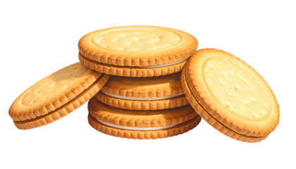 Stack of sandwich cookies with creamy filling, isolated on black. Some cookies leaning