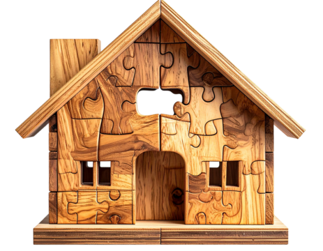 Assembled Wooden Puzzle House with Natural Grain Texture, isolated on transparent background