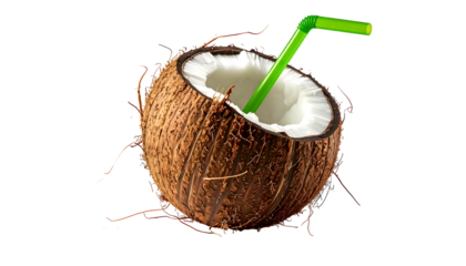 A halved coconut, filled with white pulp, sporting a green straw against a black background