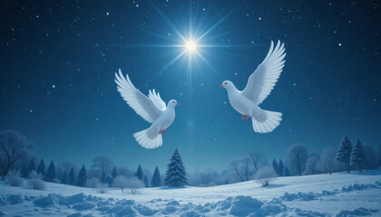 Peaceful winter landscape with white doves flying above a glowing Christmas star, serene background