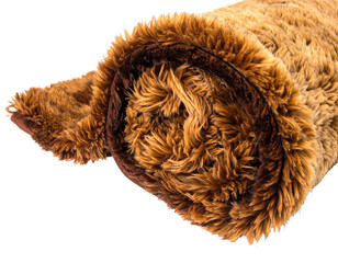 Close-up of a rolled, shaggy brown rug showing its soft texture and rolled end against a black background
