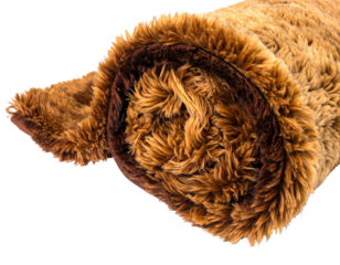 Close-up of a rolled, shaggy brown rug showing its soft texture and rolled end against a black background