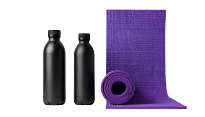 Fitness setup black bottles, purple yoga mat, rolled & unrolled against a black background