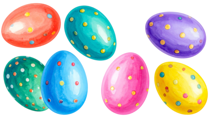 Watercolor illustration of decorated Easter eggs in various bright colors