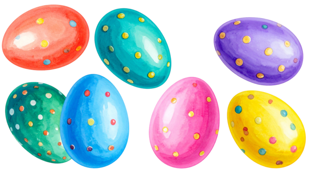 Watercolor illustration of decorated Easter eggs in various bright colors