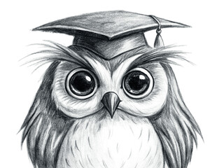 Handdrawn owl wearing a graduation cap, isolated on transparent background, sketch style