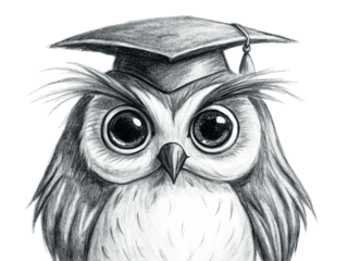 Handdrawn owl wearing a graduation cap, isolated on transparent background, sketch style
