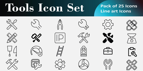Essential Tools editable Icon Set, Workshop and Maintenance Kit including wrenches, pliers, hammers, screwdrivers, gears, ladders, and toolboxes, perfect for handyman