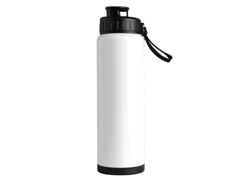 Stainless steel water bottle with a black lid and loop on a black background