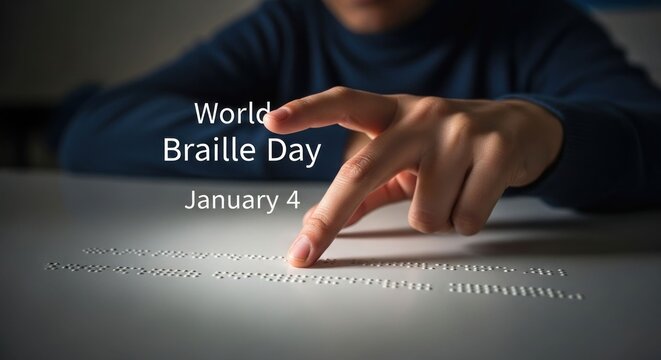 Person's hand reads Braille, celebrating World Braille Day