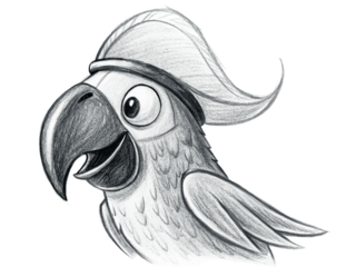Handdrawn parrot wearing a pirate hat, isolated on transparent background, sketch style